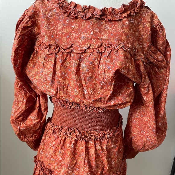 NWT House Of Harlow 1960 Wallis Rust Peasant Western Style Smocked Dress Size M - Picture 9 of 11